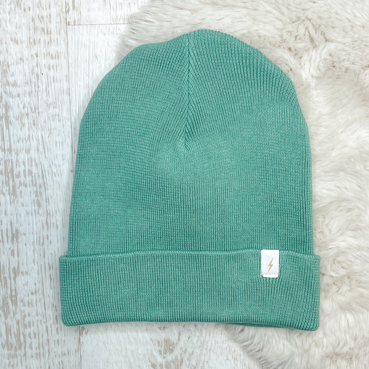 Unisex Kids & Adults Beanie Hat - Dusty Mint With Bolt